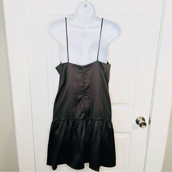 Maisie Monti Tiered Slip Dress Mini Satin Square Neck Drop Waist LBD Black M - Picture 7 of 11